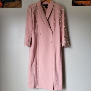 EUC WORN ONCE MIDNIGHT VELVET FAUX WRAP PINK PEARLED DRESS SIZE 10 / M